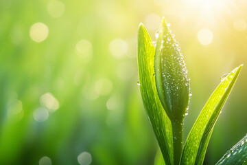 Dew-kissed tulip bud in morning sunlight: a natural symphony of serenity and growth