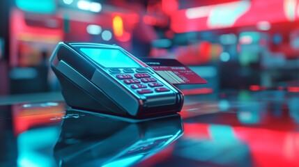 Innovative payment processing device urban retail environment technology showcase neon-lit storefront close-up view digital commerce revolution