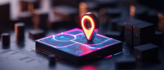 Real-time digital logistics delivery concept. Digital map pin on a circuit board, symbolizing technology and navigation.