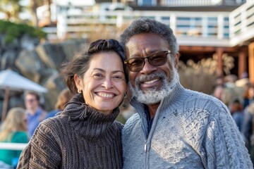 Portrait of a smiling multiethnic couple in their 50s dressed in a warm wool sweater over bustling beach resort background