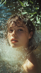 Fototapeta premium woman dancing by the water with action shot with water droplets splashing