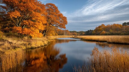 Fototapeta premium Captivating Autumn Landscape with Reflective River and Vibrant Foliage