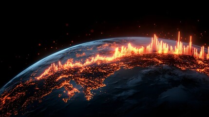 A vibrant depiction of Earth illuminated by fiery streams, symbolizing global activity and energy distribution across the planet.