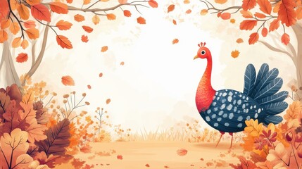 A Vibrant Autumn Scene Featuring a Colorful Peacock in a Serene Natural Habitat