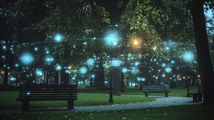 Obraz premium A serene and tranquil urban park at night with an eerie overlay of an invisible futuristic surveillance grid and faint glowing quantum nodes tracking movements through the peaceful environment