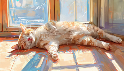 Sunny afternoon with a relaxed orange cat napping on a wooden floor in a warm, cozy living room filled with soft light