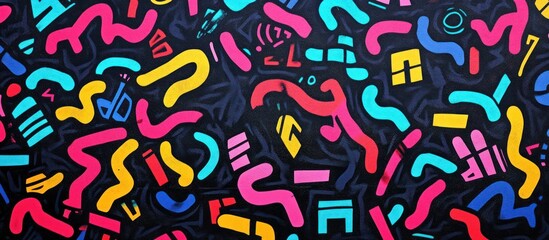 A vibrant abstract mural featuring colorful shapes and lines on a dark background.