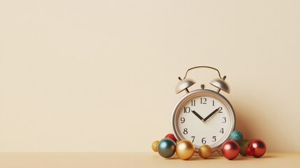 Minimalist Alarm Clock with Festive Christmas Ornaments on Pastel Background