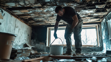 Man wearing gloves working on home renovation in a damaged room with mold on the walls and ceiling