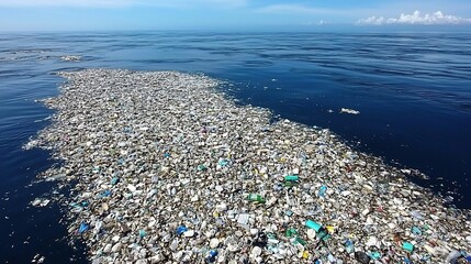 Aerial overhead shot showing the extensive accumulation of plastic waste and debris floating on the surface of the open ocean