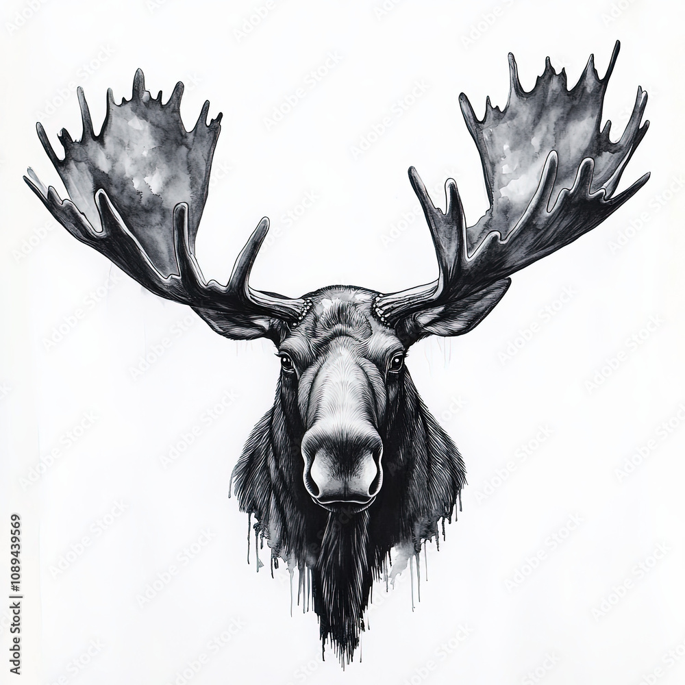 Canvas Prints Moose Silhouette, Black And White Illustration Isolated On White Background