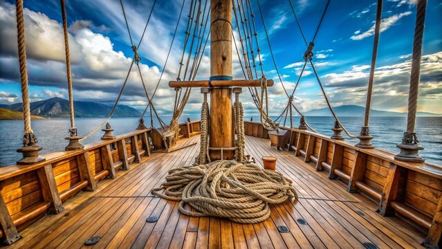 A large wooden mast standing in the center of a ship&rsquo;s deck, with ropes tied around it, symbolizing Odysseus&rsquo; escape from the sirens