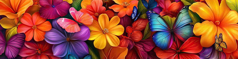 Obraz premium Flower Power: A garden overflowing with vibrant blooms, butterflies dancing from petal to petal