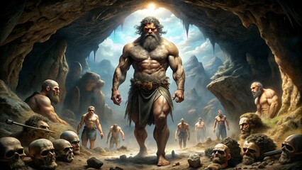The cyclops Polyphemus towering over Odysseus' crew, a single eye gleaming in the darkness of his cave, surrounded by scattered bone