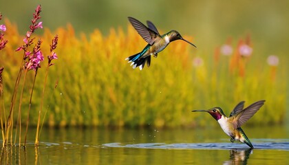Hummingbirds in flight hovering over a pond with rippling water