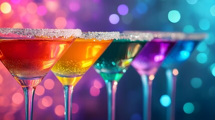 A line of rainbow-colored martini cocktails with sugared rims against a sparkling background, evoking celebration and fun. Concept: colorful drinks, hidden sugar
