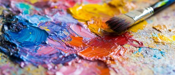 Vibrant Palette of Oil Paints with Brush on Canvas, Capturing the Artistic Spirit of Colorful Creativity and Expression in Artistic Techniques and Mixing Shades