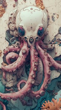 Handdrawn octopus robot blends with underwater corals  stylize