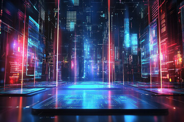 Tech Product Showcase With The Latest Gadgets Displayed On Sleek Platforms, Against A High-Tech Background Featuring Digital Screens And Futuristic Lighting