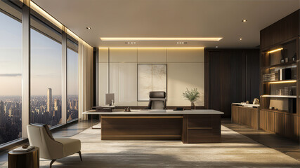 Fototapeta premium Elegant and Functionalist Office With City View and Modern Design Elements