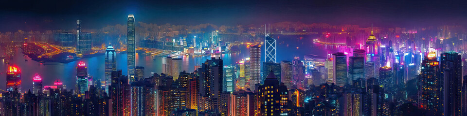 Obraz premium City Lights Aglow: A panoramic view of a bustling metropolis at night, the buildings illuminated in a myriad of colors.