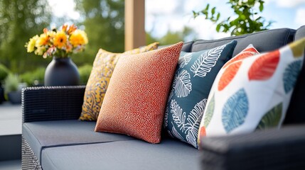 Beautifully crafted vibrant cushions made from fabric offcuts arranged on a stylish patio set under the open sky creating a cozy and inviting outdoor living space