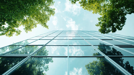 A low angle view of a green modern office building with reflective glass windows surrounded by trees on a bright day