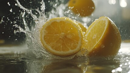 Lemon slices plunging into water with energetic splashes, creating a refreshing, zesty visual that captures pure citrus essence.
