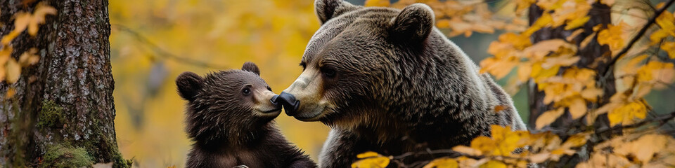 Obraz premium A family of bears playing in the trees, a mother bear affectionately nuzzling her cub.