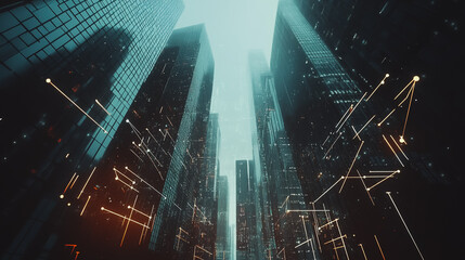 Smart digital Innovation Business skyscrapers in the Financial District with connection network reciprocity over the cityscape. of future smart wireless digital city and social media networking