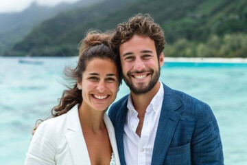 Fototapeta premium Portrait of a happy couple in their 20s dressed in a stylish blazer in beautiful lagoon background