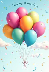 Cheerful Birthday Balloons With Celebration Text And Falling Confetti Against Blue Sky