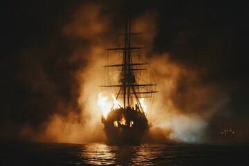 Obraz premium Pirate Ship Emerging from a Fiery Ocean Battle