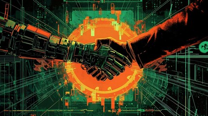 Abstract digital showcasing a handshake between a robotic hand and a human diplomat surrounded by glowing symbols representing innovation technology and governance