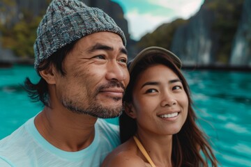Fototapeta premium Portrait of a content asian couple in their 40s sporting a trendy beanie isolated on beautiful lagoon background