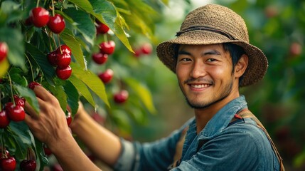 Farmers smile as they pick ripe cherries in a sunny orchard
