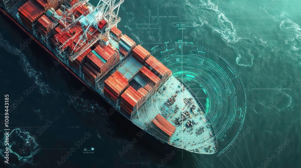 Poster A cargo ship's digital tracking system interface overlays logistics, creating dynamic and dramatic compositions with ample copy space.