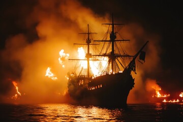 Obraz premium Ghostly Pirate Ship Under Smoke and Fire