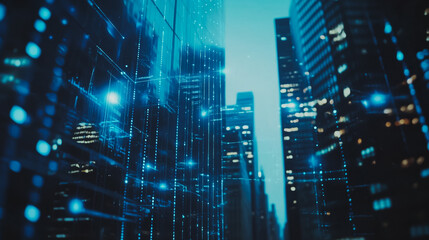 Smart digital Innovation Business skyscrapers in the Financial District with connection network reciprocity over the cityscape. of future smart wireless digital city and social media networking