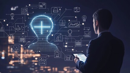 Abstract visual representation of governance featuring a businessman or corporate executive examining a virtual interface with various ethics compliance and data analytics icons