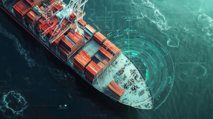 A cargo ship's digital tracking system interface overlays logistics, creating dynamic and dramatic compositions with ample copy space.