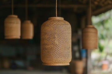 Close-Up of Woven Bamboo Pendant Lights &ndash; Eco-Friendly Lighting, Natural Home Decor, and Rustic Interior Design