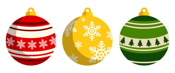 Christmas ornaments balls illustration vector collection, Isolate red, greem, yellow Xmas graphic elements for Decoration, vector stock (Editable)