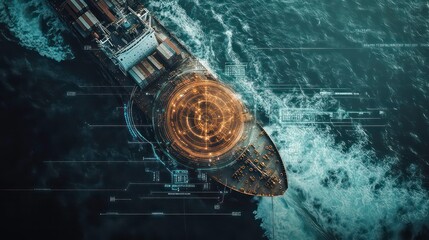 A large cargo ship sails through the ocean with digital overlays representing technology and innovation.