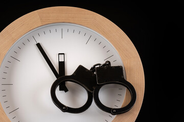 Steel handcuffs and wall clock on black background