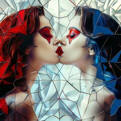 Two beautiful erotic women with long hair, facing each other and kissing, sensual dress in the style of harlequin makeup, in red, white, and blue colors.