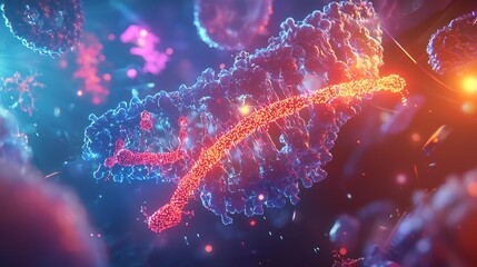 An abstract and dynamic visualization of real time genetic editing on glowing cellular structures surrounded by vibrant light effects that evoke a sense of scientific innovation and discovery