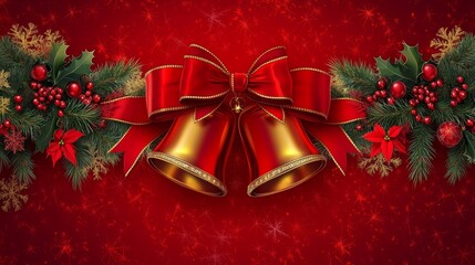 Festive christmas bells with ribbon and holiday decorations on red background