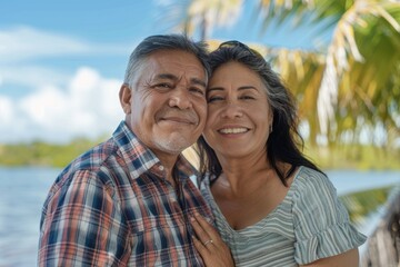 Obraz premium Portrait of a glad latino couple in their 50s dressed in a relaxed flannel shirt isolated in beautiful lagoon background