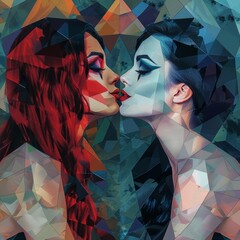 Two beautiful erotic women with long hair, facing each other and kissing, sensual dress in the style of harlequin makeup, in red, white, and blue colors.